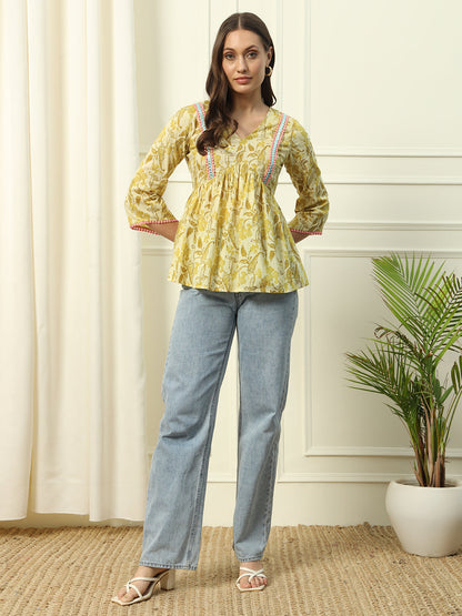 Women's Yellow Printed Cotton Top