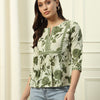 Women's Pista Green Floral Printed Cotton Top