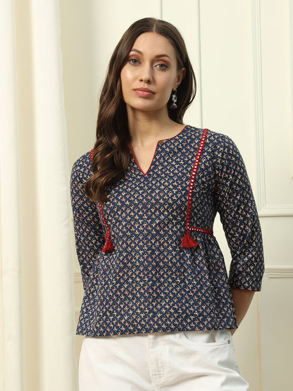 Women's Blue Floral Printed Cotton Top