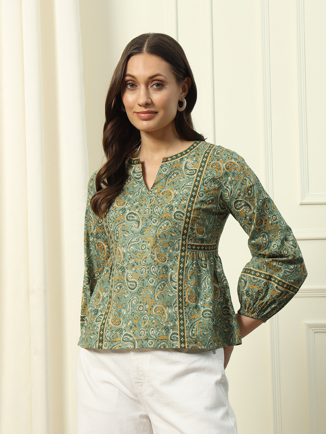 Women's Green Floral Printed Cotton Top
