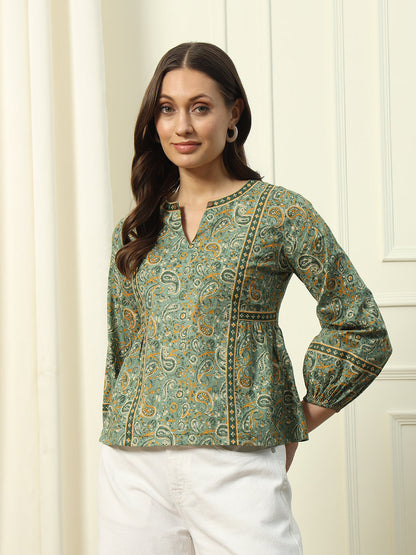 Women's Green Floral Printed Cotton Top