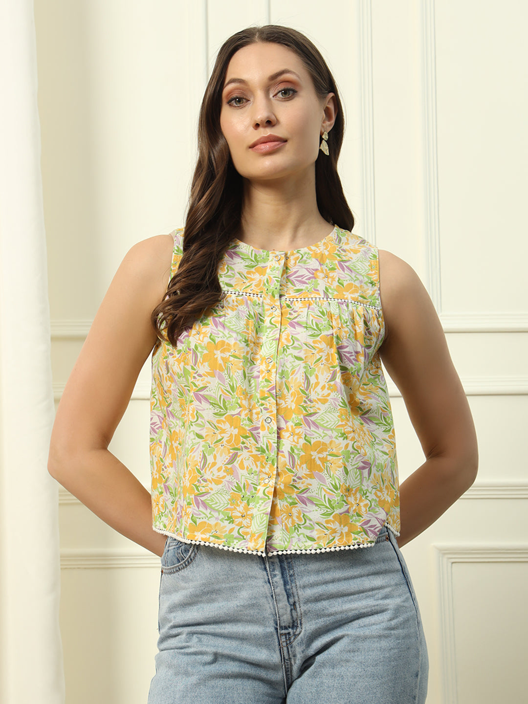 Women's Yellow Floral Printed Cotton Top