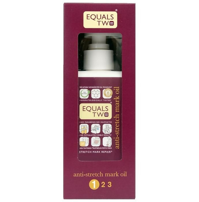 Equals Two Anti-Stretch Mark Oil for maternity care, showing a bottle of nourishing oil designed to prevent stretch marks during pregnancy.