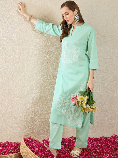 Women Floral Embroidered Regular Thread Work Pure Cotton Kurta with Trousers