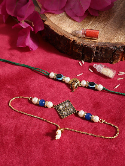 Anouk Unisex Set of 2 Beaded Bhai Bhabhi Rakhis With Roli & Chawal