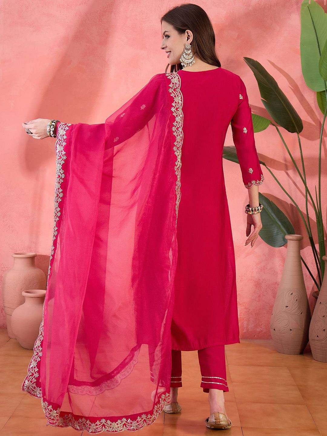 Indyancart SN Women's Floral Embroidered Notch Neck Zari Straight Kurta With Trouser & Dupatta