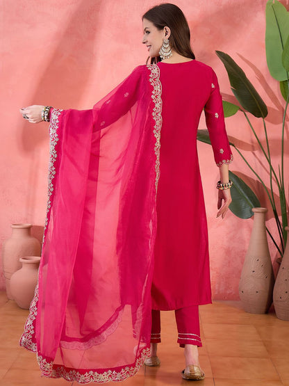 Indyancart SN Women's Floral Embroidered Notch Neck Zari Straight Kurta With Trouser & Dupatta