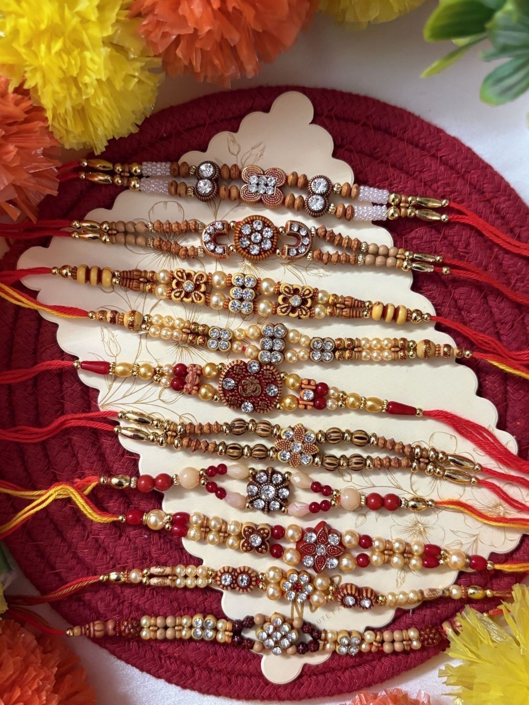 Anouk Set Of 10 Artificial Stones & Beads Thread Rakhi With Roli Chawal Chandan Mishri