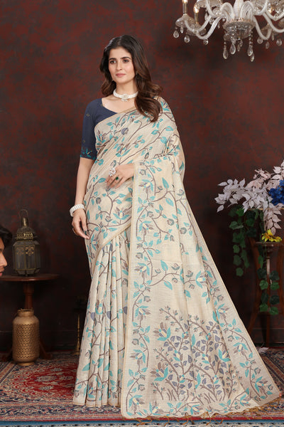 Indyancart GR Women's Trisha Indigo Navy Pure Mul Cotton Jamdani Saree