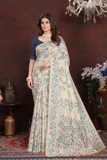 Dhiyona GR Women's Trisha Indigo Navy Pure Mul Cotton Jamdani Saree