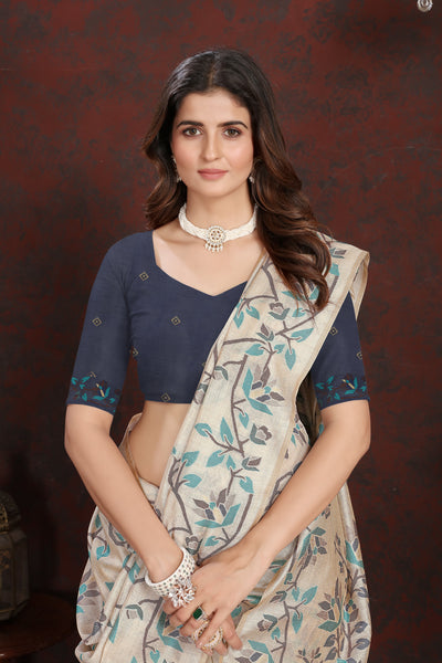 Indyancart GR Women's Trisha Indigo Navy Pure Mul Cotton Jamdani Saree