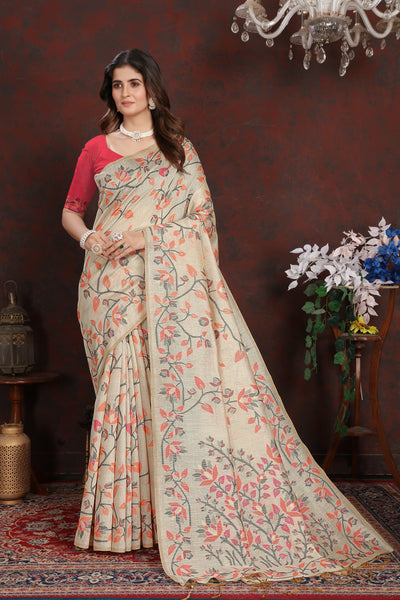 Indyancart GR Women's Trisha Hot Pink Pure Mul Cotton Jamdani Saree