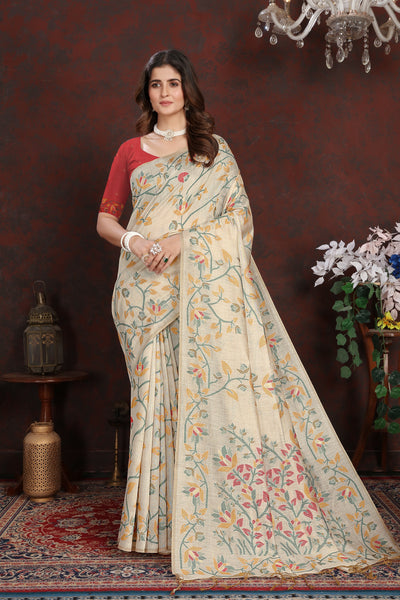 Indyancart GR Women's Trisha Tomato Red Pure Mul Cotton Jamdani Saree
