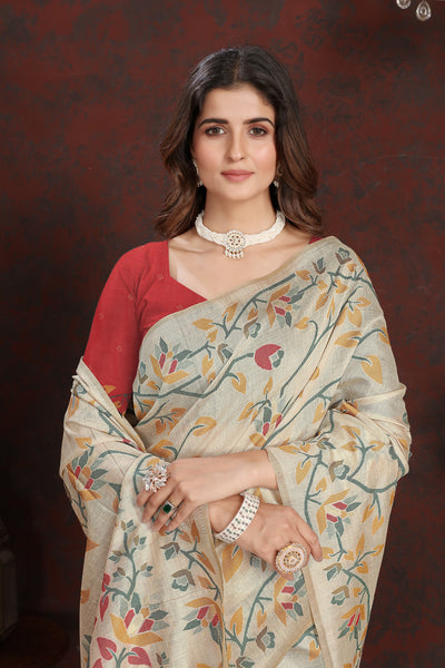 Indyancart GR Women's Trisha Tomato Red Pure Mul Cotton Jamdani Saree