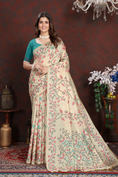 Indyancart GR Women's Trisha Turquoise Pure Mul Cotton Jamdani Saree