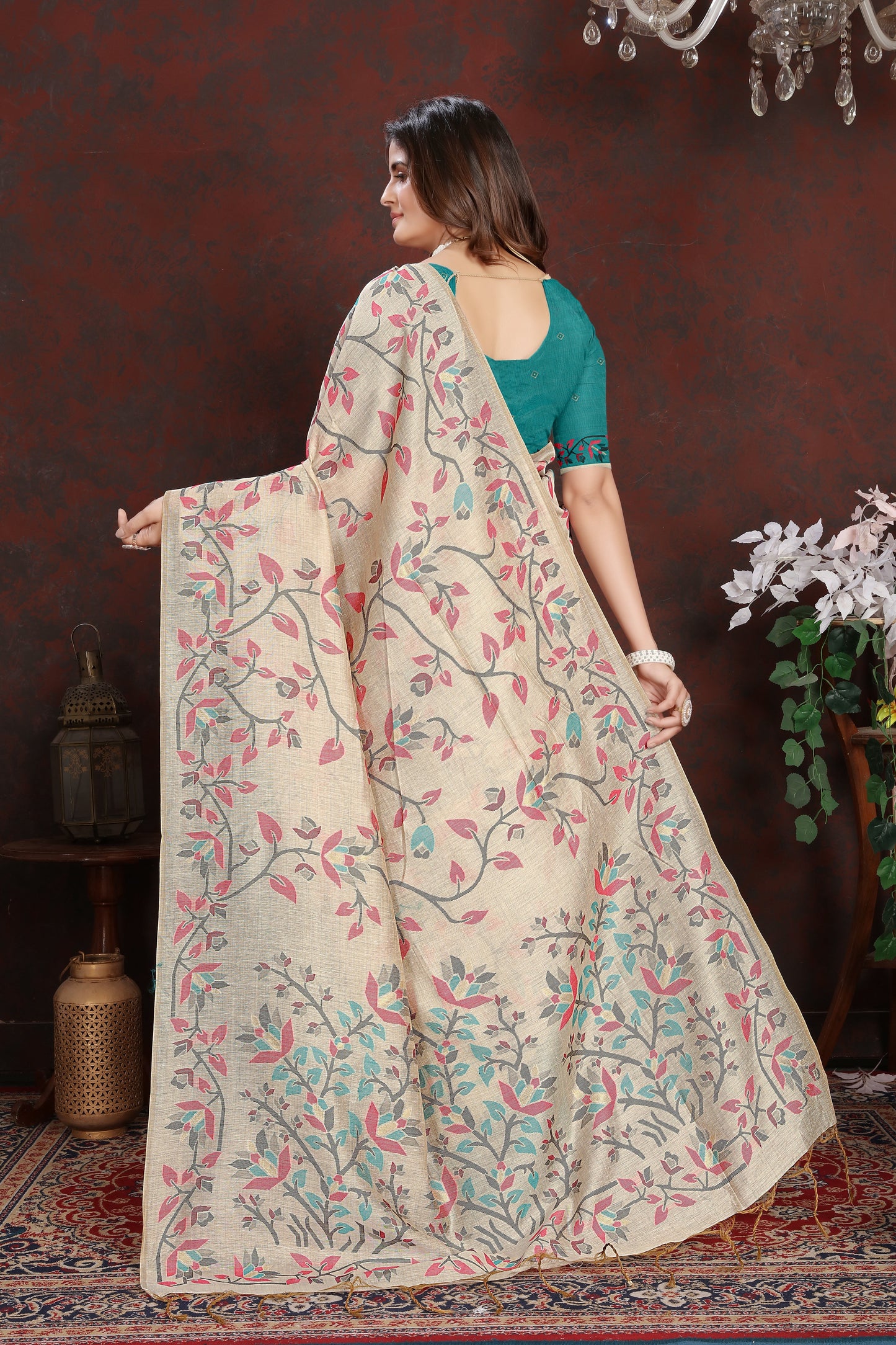 Dhiyona GR Women's Trisha Turquoise Pure Mul Cotton Jamdani Saree
