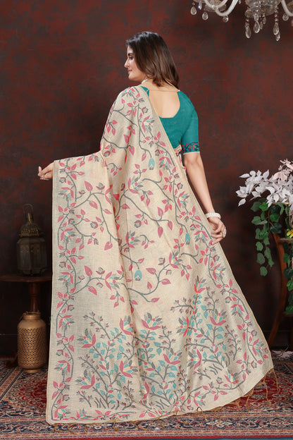 Dhiyona GR Women's Trisha Turquoise Pure Mul Cotton Jamdani Saree