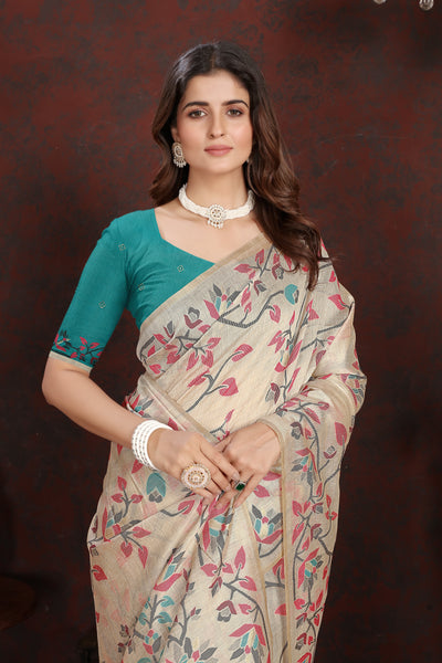 Indyancart GR Women's Trisha Turquoise Pure Mul Cotton Jamdani Saree