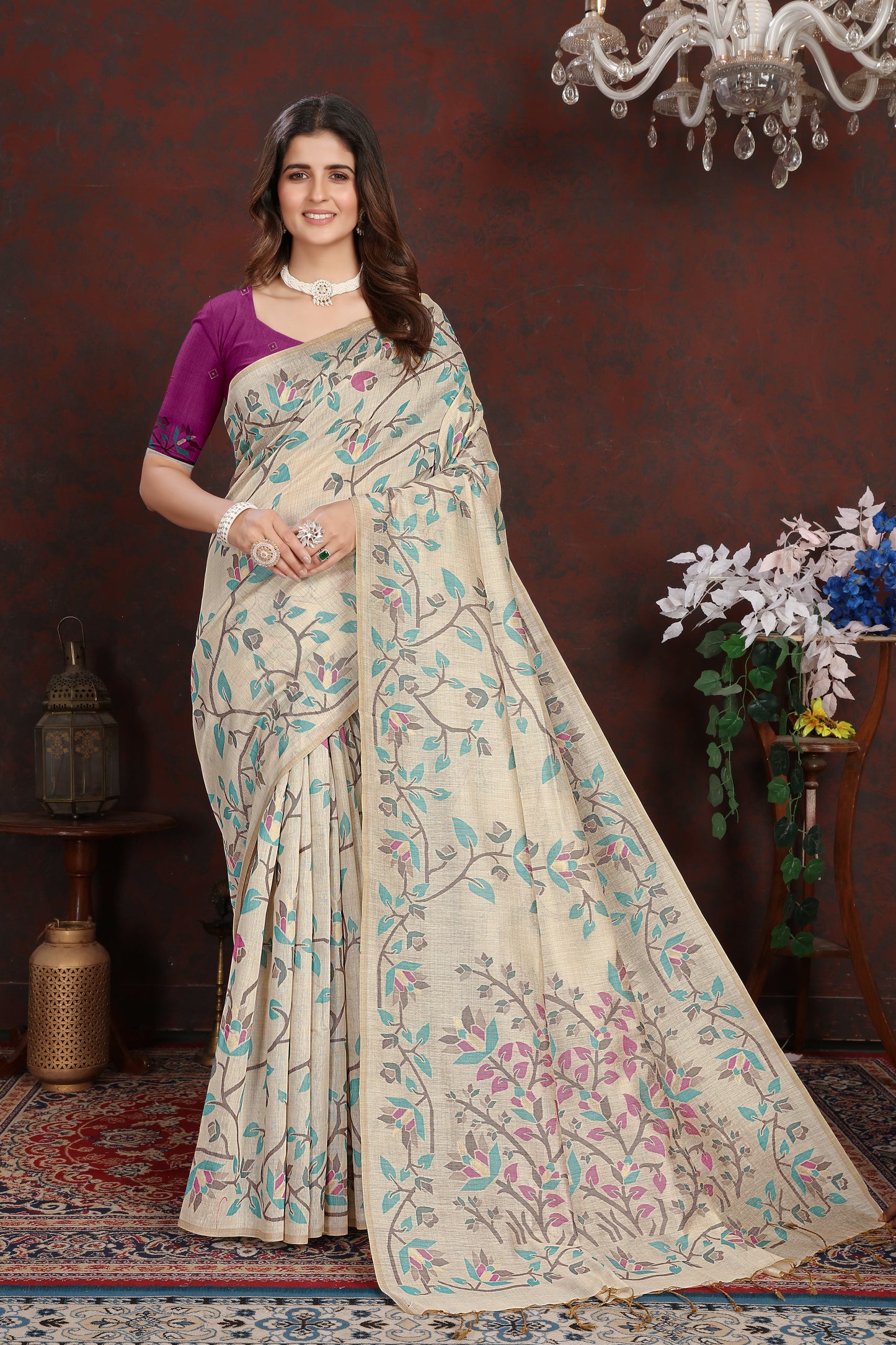 Dhiyona GR Women's Trisha Plum Wine Pure Mul Cotton Jamdani Saree