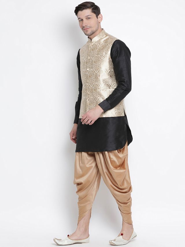 Men's Black Silk Blend Straight Jacket  Kurta and Dhoti Set