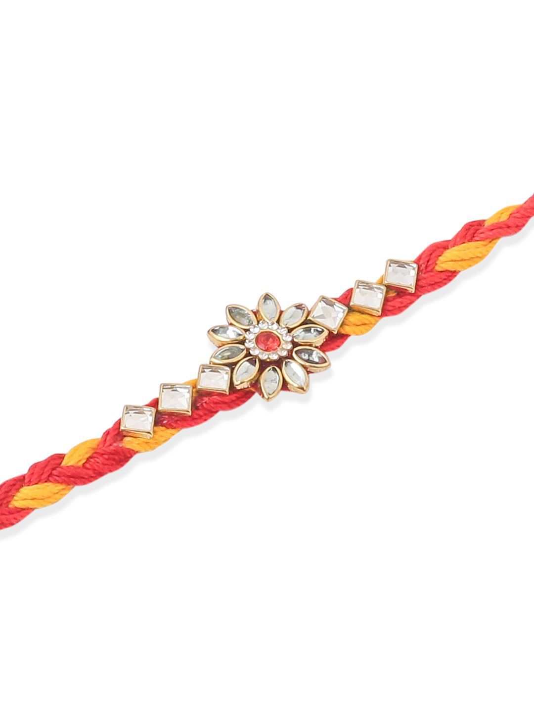 Anouk Men Set Of 3 Red & Yellow Kundan Studded Floral Design Thread Rakhi With Roli Chawal