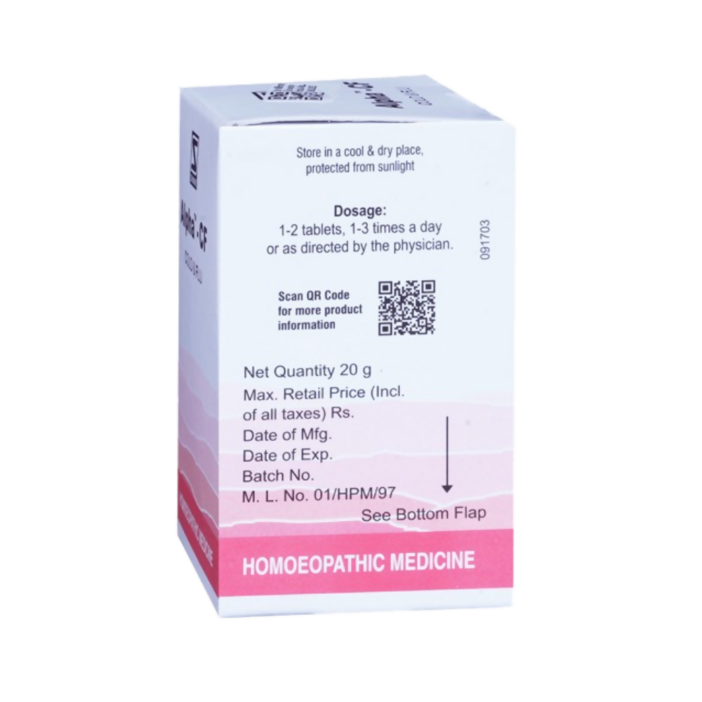 Homeopathy Alpha - CF Tablets by Dr. Willmar Schwabe India, showing a blister pack of homeopathic tablets.