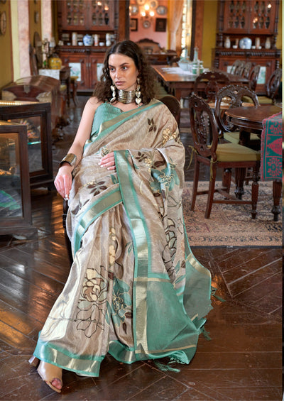 Indyancart GR Women's Turquoise Blue & Grey Banarasi Digital Soft Silk Saree