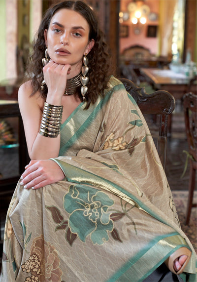 Indyancart GR Women's Turquoise Blue & Grey Banarasi Digital Soft Silk Saree