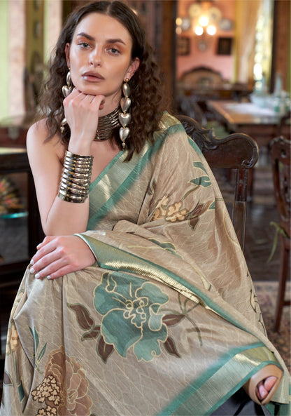 Dhiyona GR Women's Turquoise Blue & Grey Banarasi Digital Soft Silk Saree