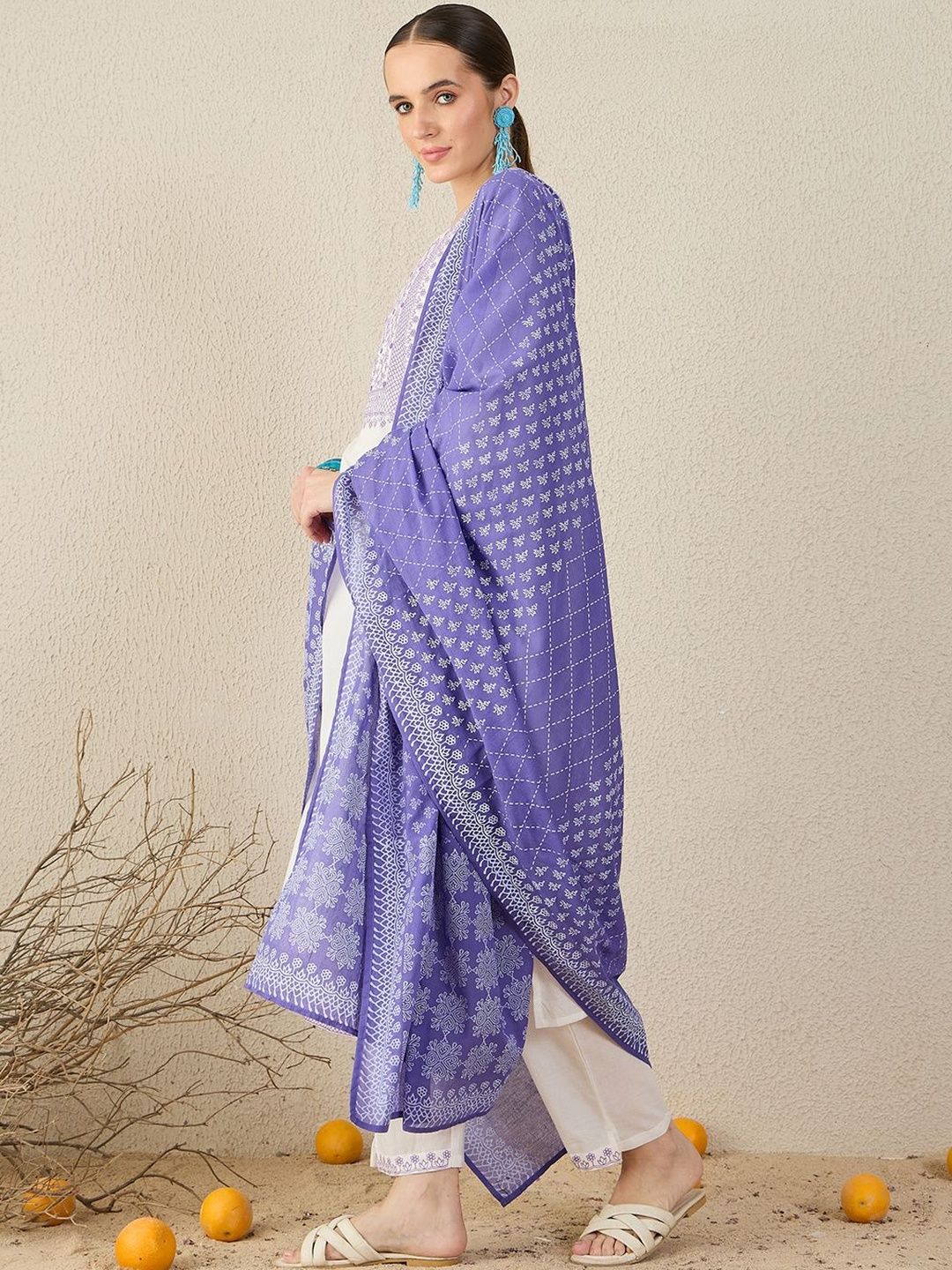 Ethnic Motifs Embroidered Thread Work Pure Cotton Kurta With Trousers & Dupatta