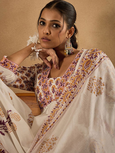 Indyancart IE Women Floral Printed Empire Pure Cotton Kurta with Trousers & With Dupatta
