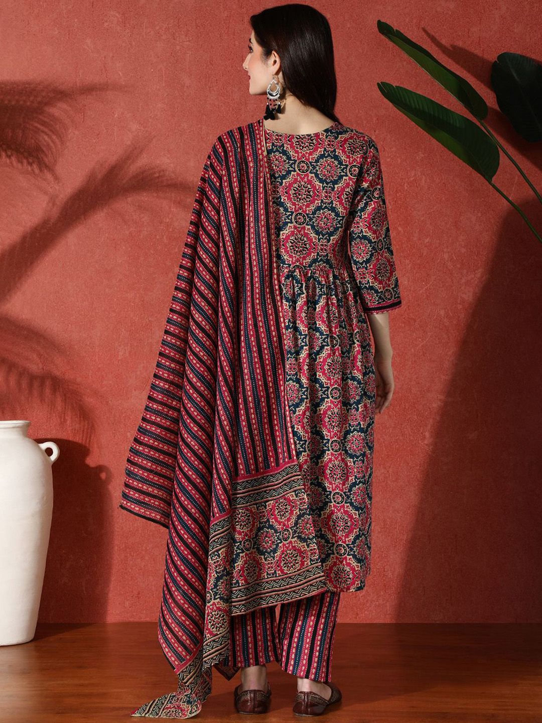 Indyancart SN Women's Embroidered Pure Cotton A-Line Kurta & Trousers With Dupatta