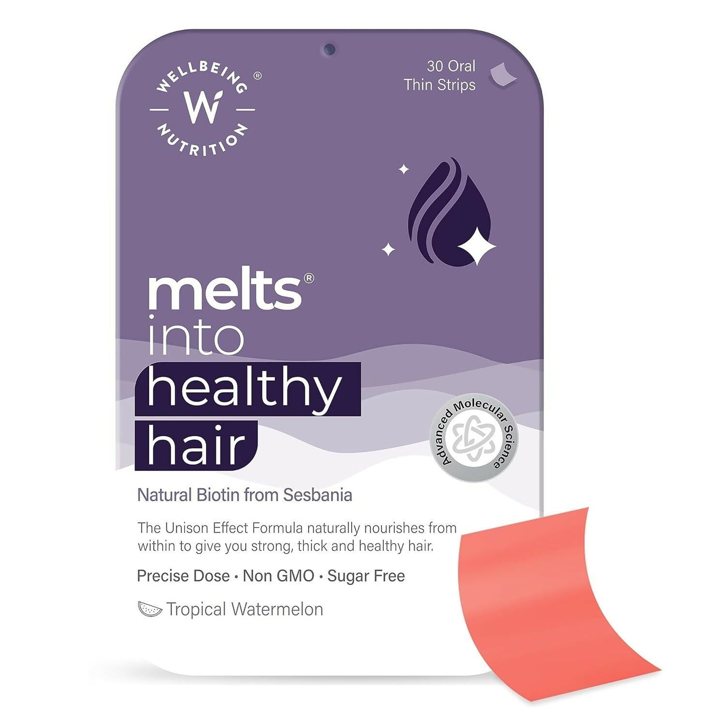 Wellbeing Nutrition Melts healthy hair and hair fall control strips, oral care supplement for hair health, natural ingredients.