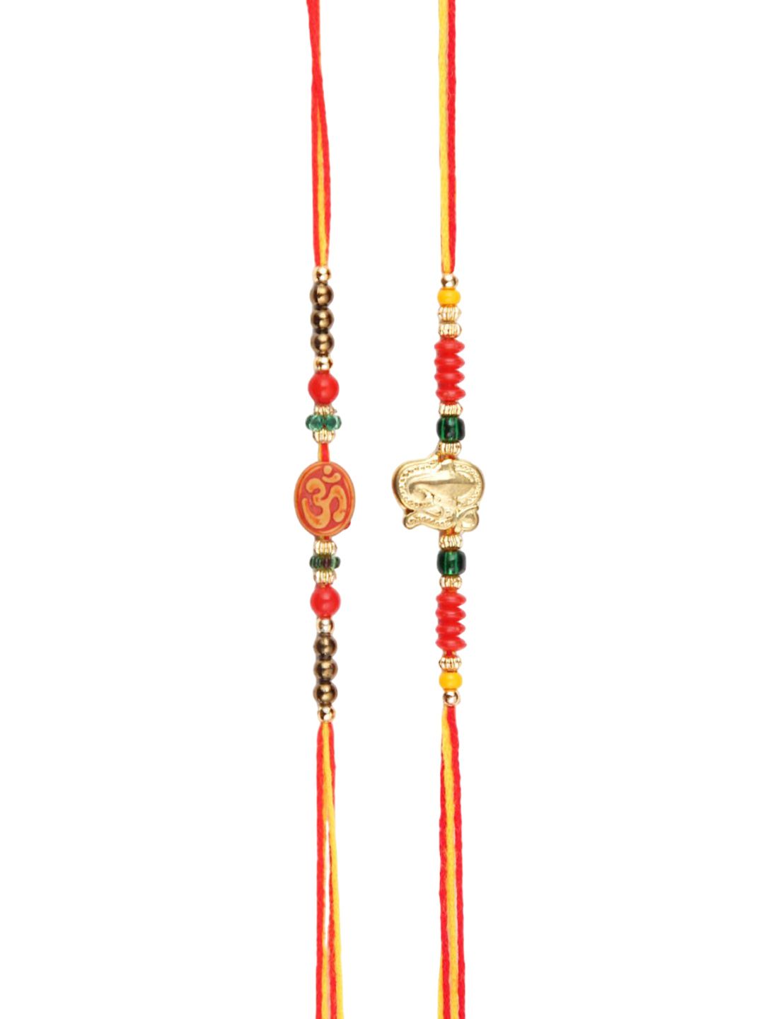 Anouk Set Of 2 Red Om & Lord Ganesh Beaded Rakhi With Roli Rice & Greeting Card