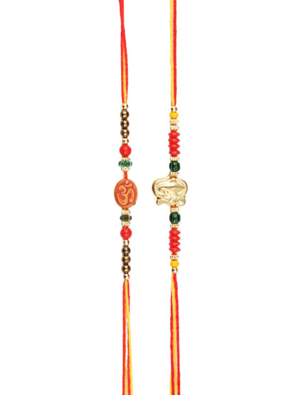 Anouk Set Of 2 Red Om & Lord Ganesh Beaded Rakhi With Roli Rice & Greeting Card