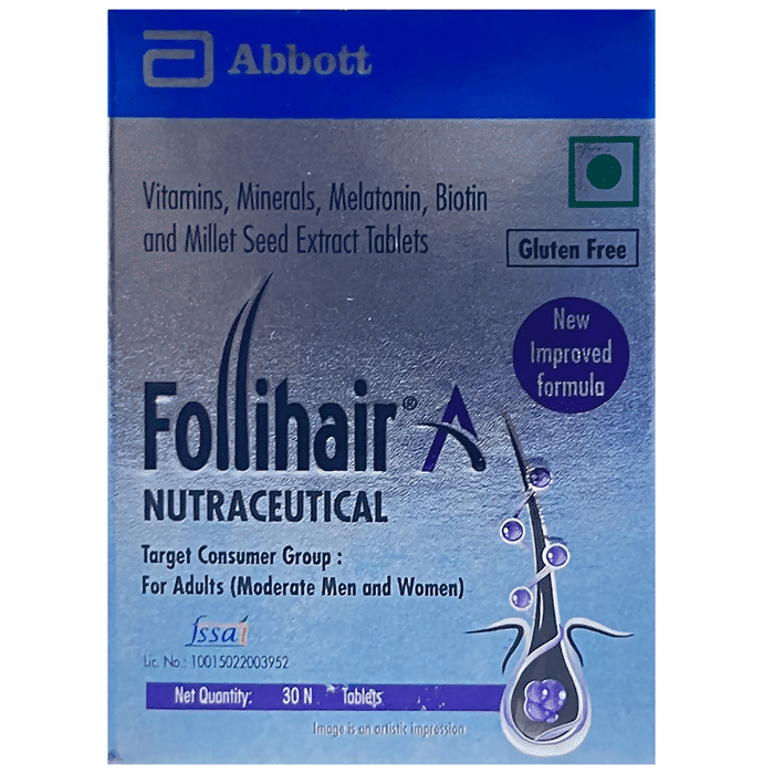 Abbott Follihair A gluten-free hair care tablets showing the bottle and tablets on a white background.