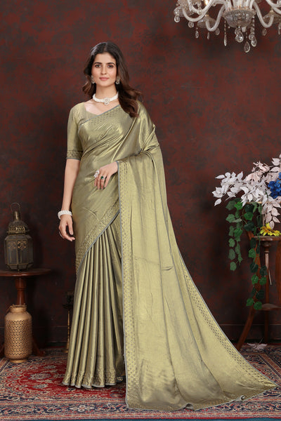 Indyancart GR Women's Twilight Green Satin Silk Saree