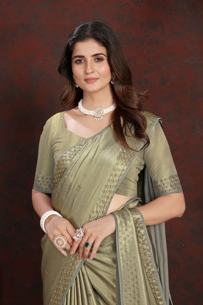 Indyancart GR Women's Twilight Green Satin Silk Saree