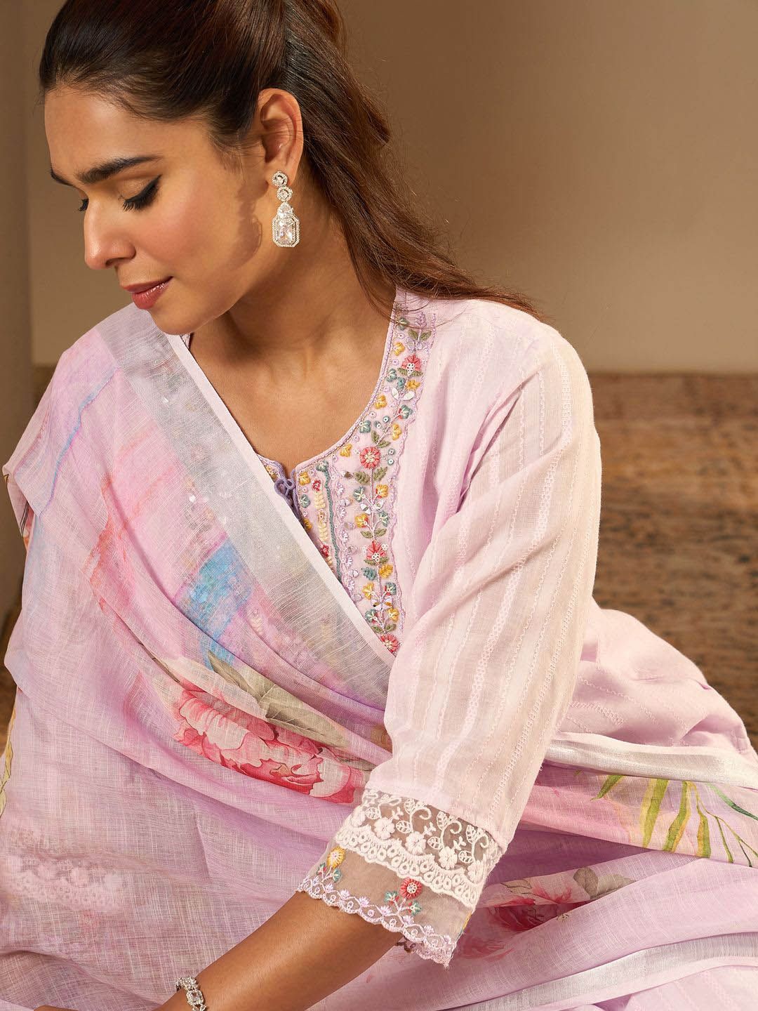 Indyancart IE Floral Yoke Design Straight Thread Work Pure Cotton Kurta with Trousers & Dupatta