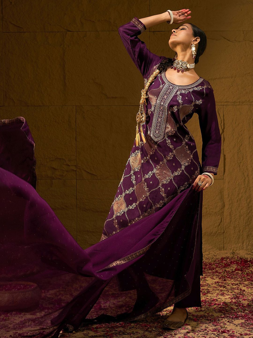 Indyancart IE Burgundy Floral Woven Design Thread Work Straight Kurta with Trousers & Dupatta