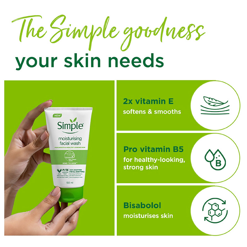 Simple Moisturising Facial Wash for gentle cleansing, featuring a clear bottle with blue and white label, ideal for sensitive skin.