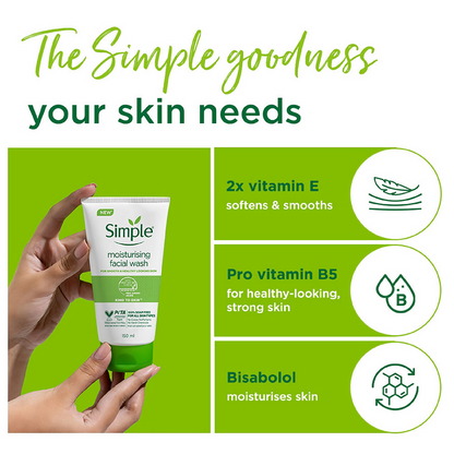 Simple Moisturising Facial Wash for gentle cleansing, featuring a clear bottle with blue and white label, ideal for sensitive skin.