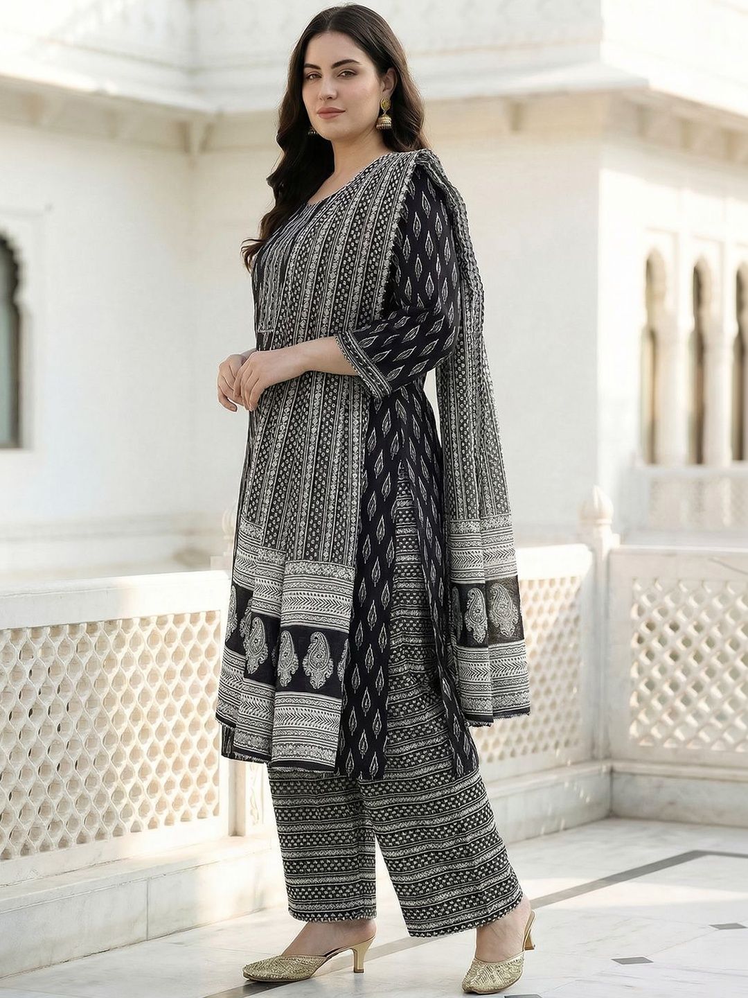 Indyancart Women's Ethnic Motifs Printed Regular Pure Cotton Kurta with Palazzos & With Dupatta