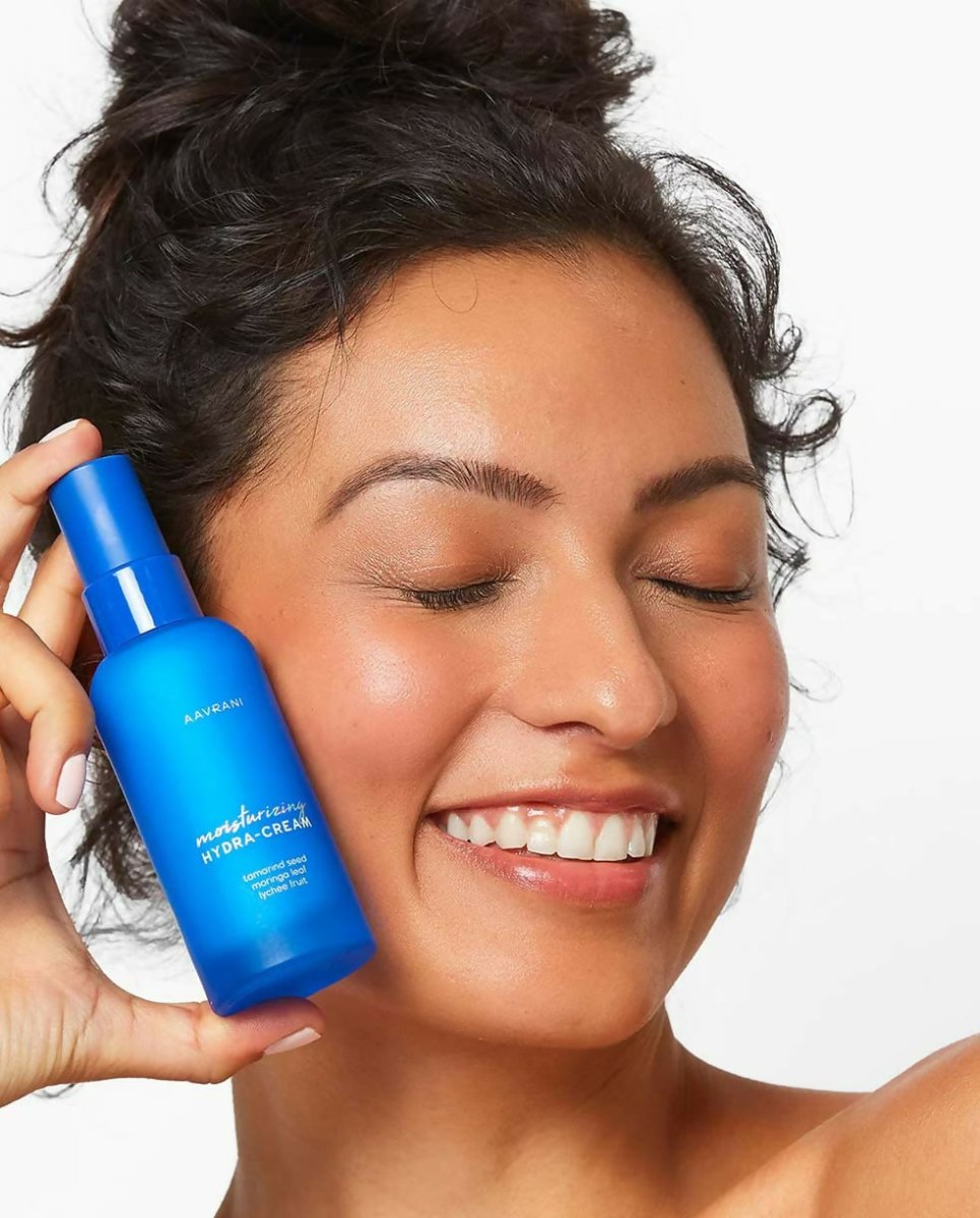 Aavrani Hydra-Moisturizer face cream in a sleek jar, showcasing its rich, hydrating texture for glowing skin