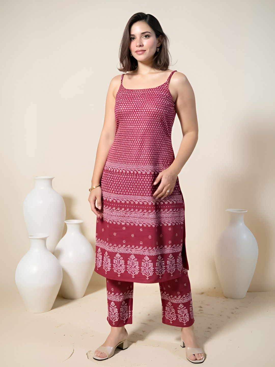 Indyancart IE FloralPrinted Straight Tunic & Trouser Pure Cotton Co-Ords Set