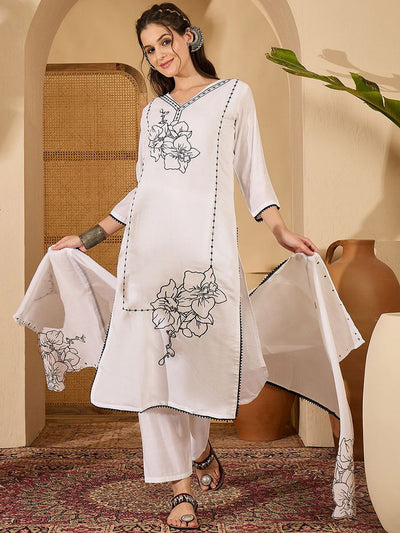 Indyancart SN Women's Floral Embroidered Thread Work Pure Silk Straight Kurta & Trousers With Dupatta