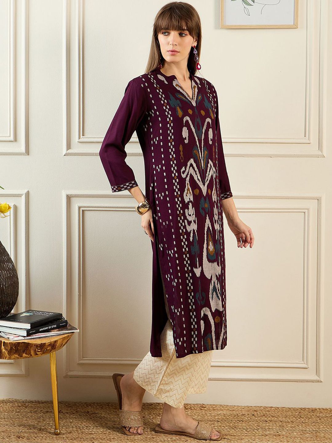 Indyancart IE Ethnic Motifs Printed Mandarin Collar Straight Kurta