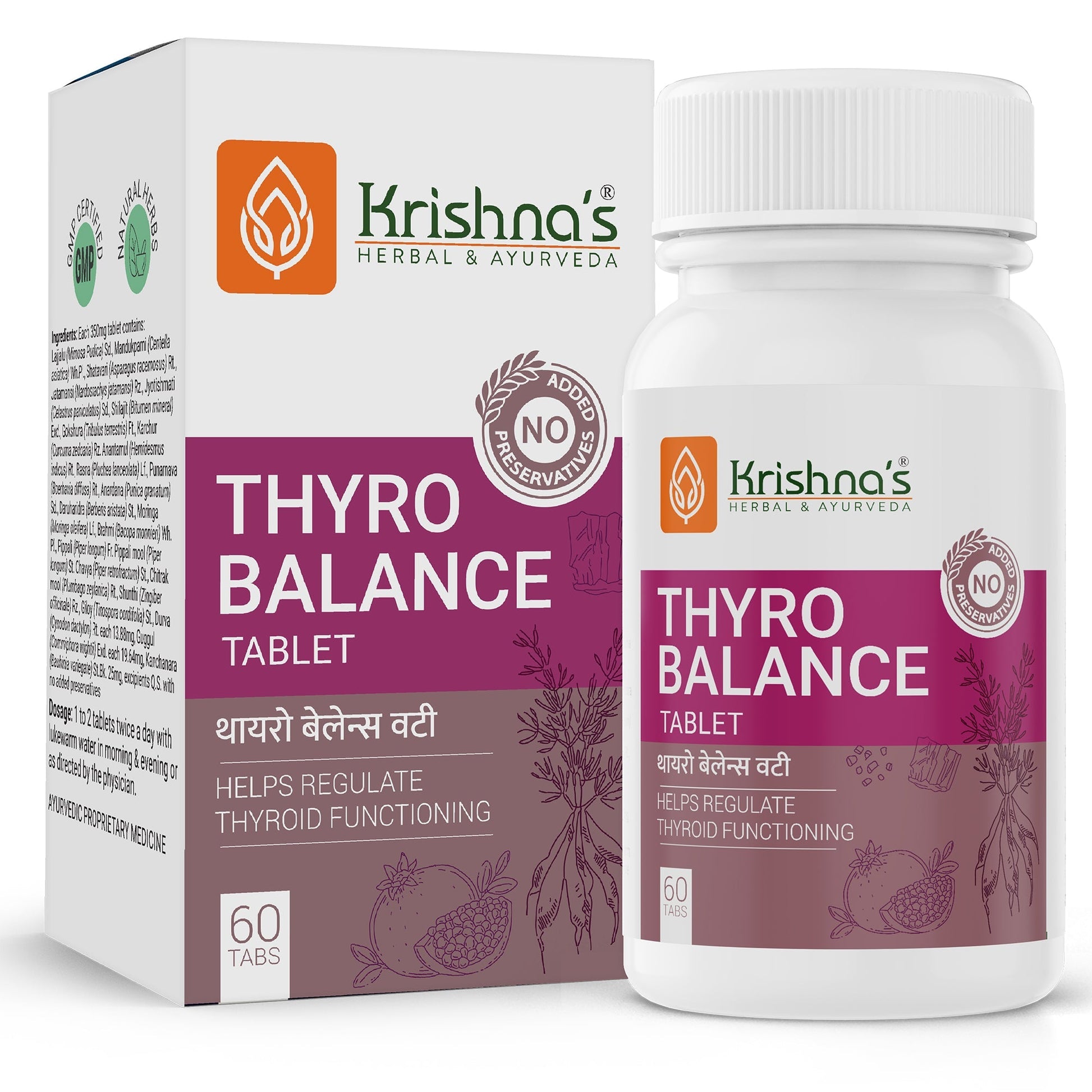 Krishna's Herbal & Ayurveda Thyro Balance Tablets in a bottle, herbal Ayurvedic tablets for thyroid support.