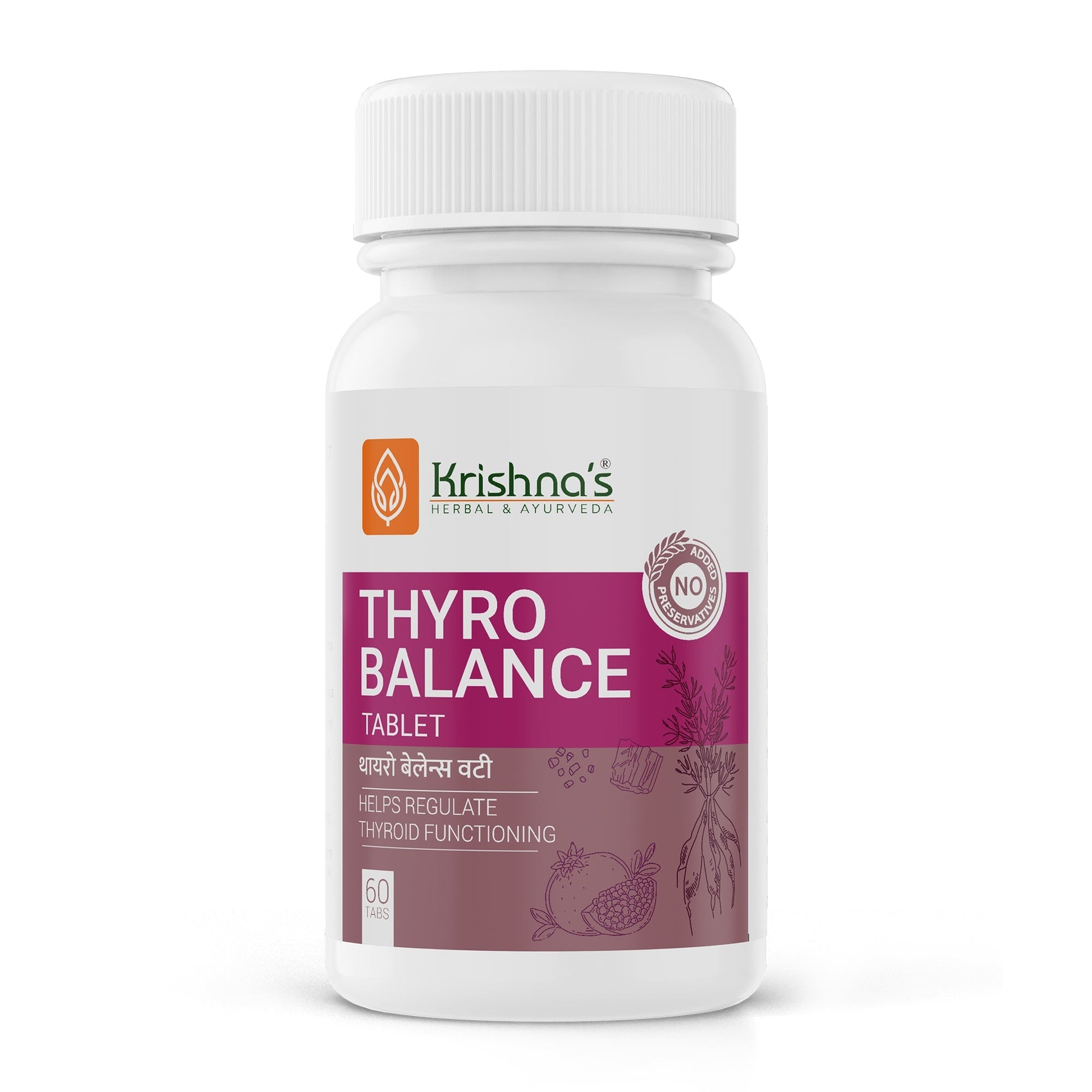 Krishna's Herbal Ayurveda Thyro Balance Tablets in a bottle, natural herbal supplement for thyroid health.