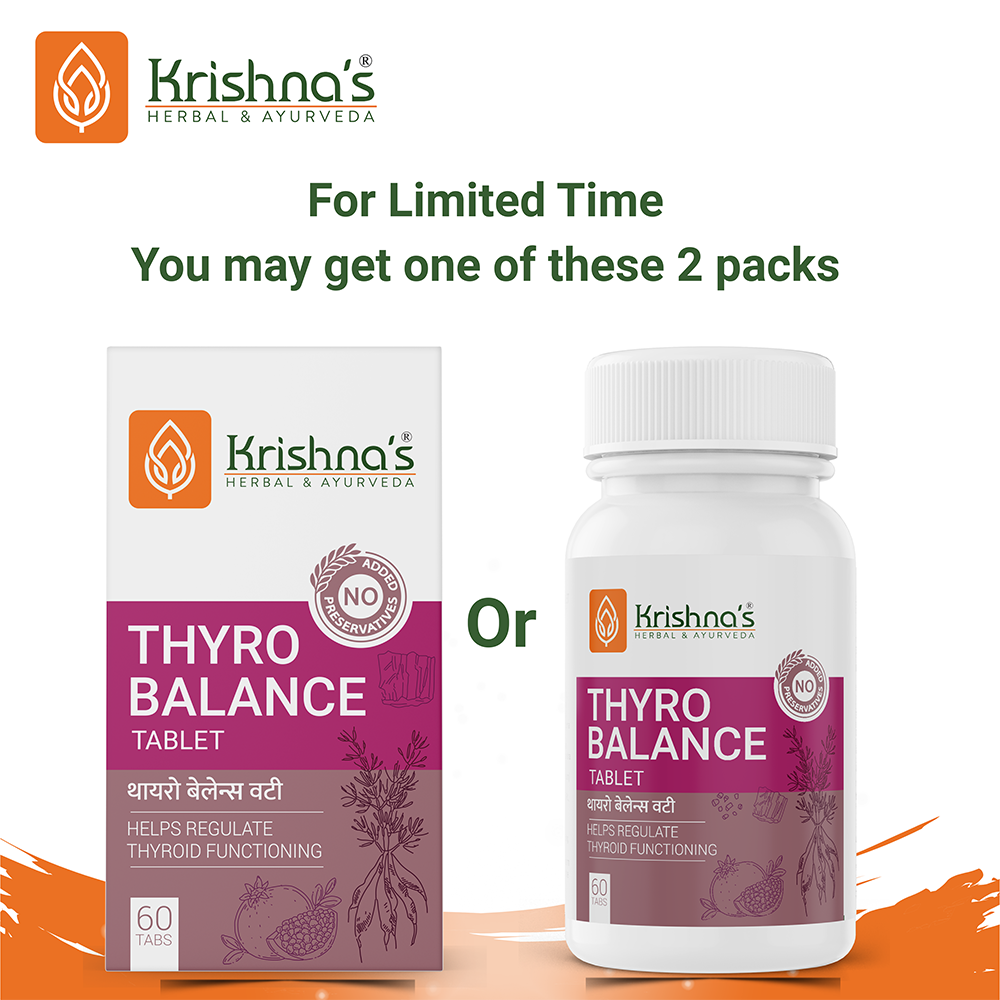 Krishna's Herbal & Ayurveda Thyro Balance Tablets, Ayurvedic supplement with herbal ingredients for thyroid support.